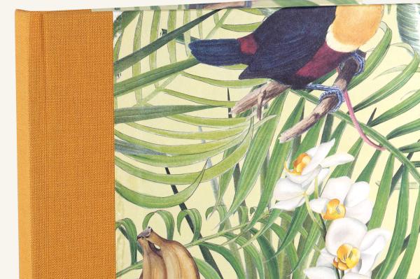Notebook with colorful parrot motif, orange linen spine